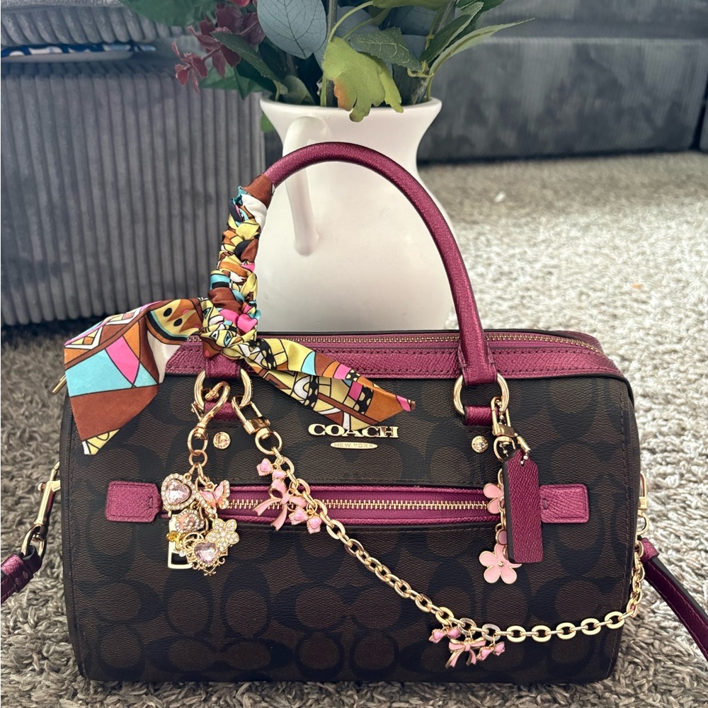 Coach Brown Signature Satchel with Pink Accents and Gold Hardware